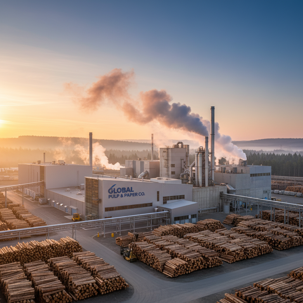 A wide-angle exterior view of a modern paper manufacturing plant at sunrise featuring large industrial structures white steam rising from vents and neat stacks of raw timber logs in the foreground high-resolution photography