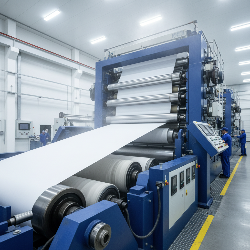 Close-up of a massive industrial paper machine in operation showing a continuous sheet of bright white paper moving through giant rollers in a clean brightly lit factory environment