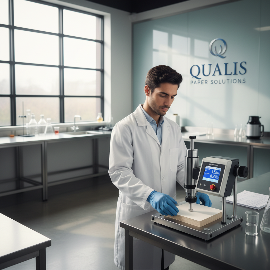 A professional quality control laboratory setting where a technician in a white lab coat is using a digital testing device to measure the thickness and texture of a paper sample soft natural lighting