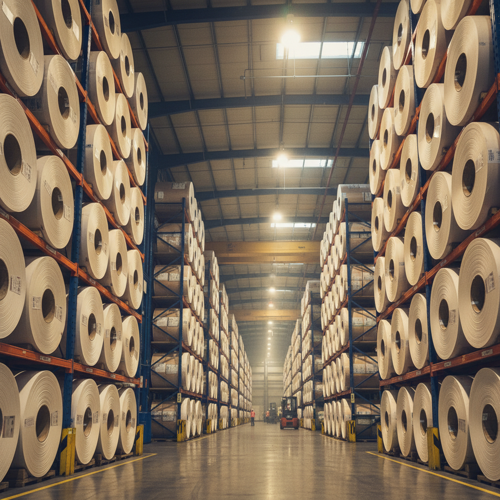 Large-scale warehouse interior showing rows of enormous finished paper rolls stacked vertically highlighting the scale of production with a perspective view and industrial lighting