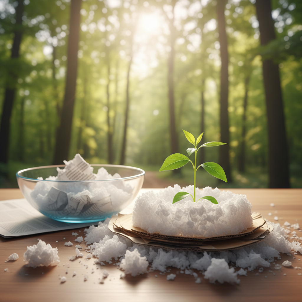 A composition illustrating sustainability featuring a green sprout growing next to a pile of recycled paper pulp with a blurred background of a lush forest symbolizing eco-friendly paper production