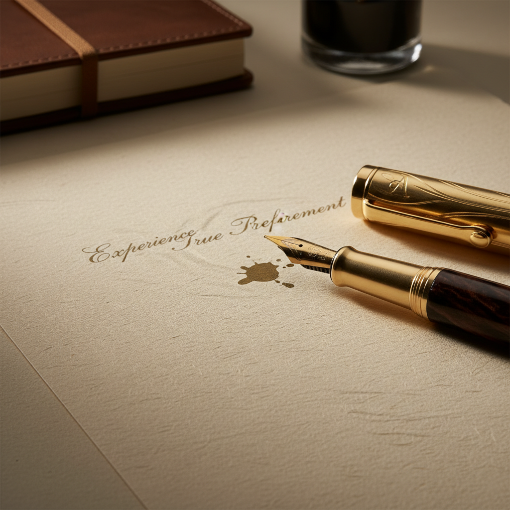 Detailed macro shot of high-quality paper texture showing the fine fibers and a smooth surface with a fountain pen resting on it to emphasize the premium quality for stationery