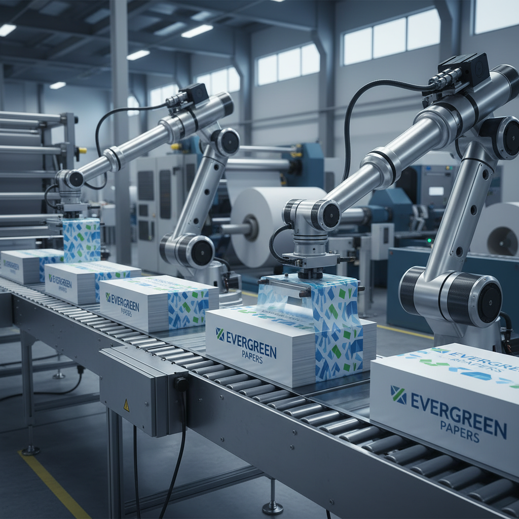 An automated packaging line in a paper mill where finished reams of A4 paper are being wrapped in branded protective film by robotic arms modern industrial aesthetic