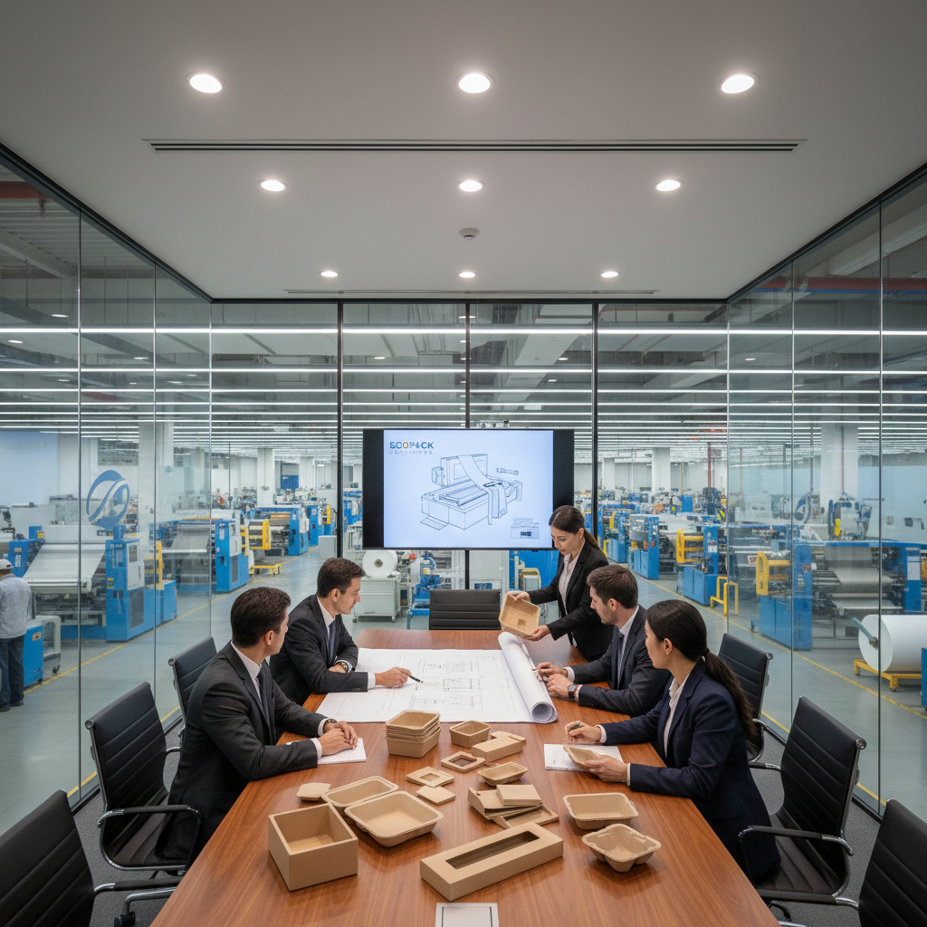 A corporate meeting room with glass walls overlooking the factory floor where executives are looking at blueprints and samples of biodegradable paper packaging professional atmosphere